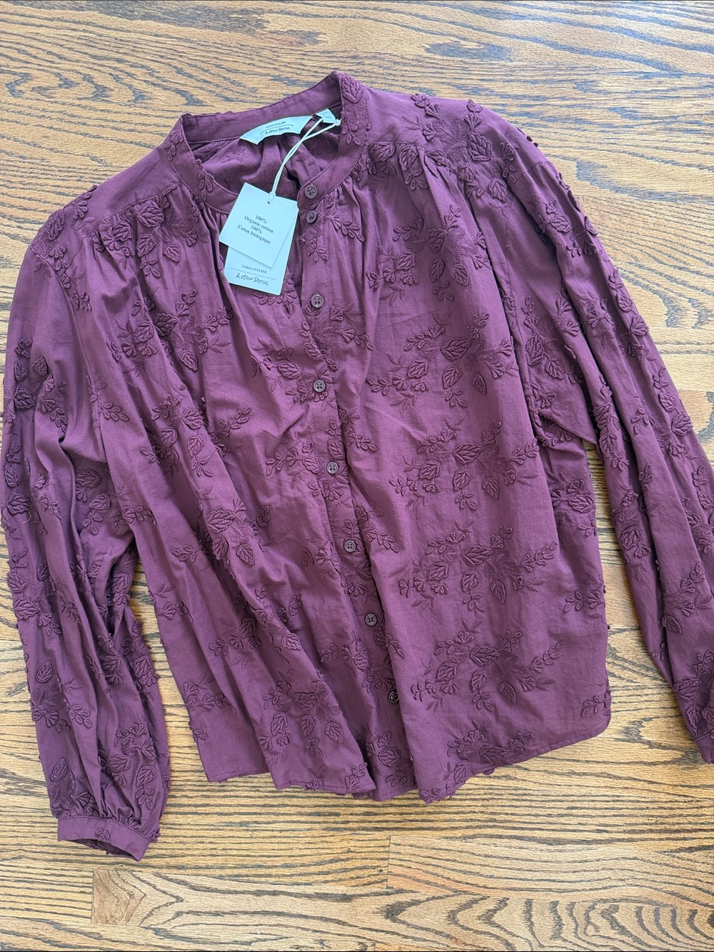 NWT & Other Stories Burgundy Floral Embroidered Blouse Size 4